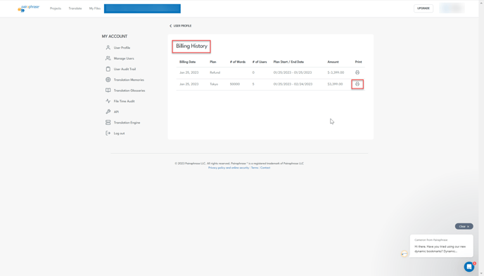 Billing History screen and how to print your invoices