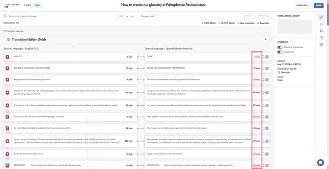 Character count functionality in Pairaphrase