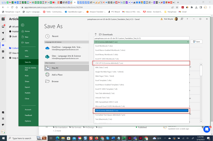 Dropdown menu of save as options in Excel