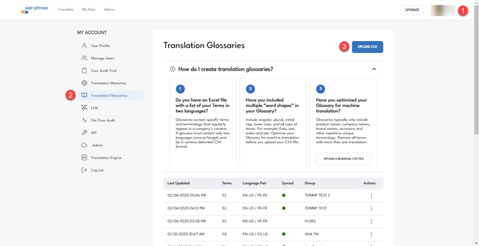 Upload Glossary to Pairaphrase
