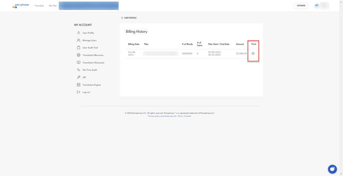 Billing history screen and print invoice