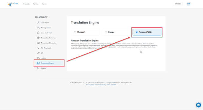 Chose AWS on translation engine screen