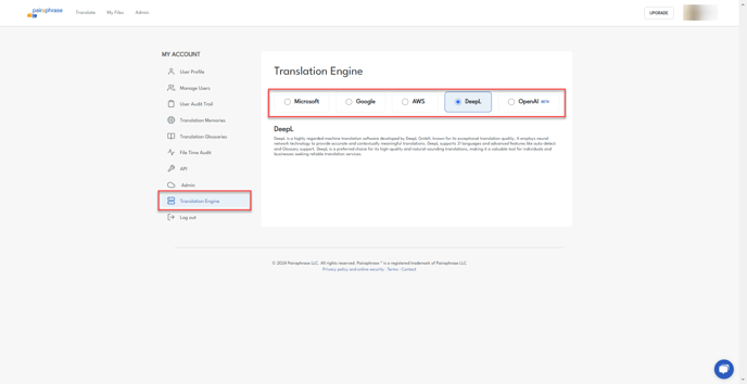 Choose translation engine screen