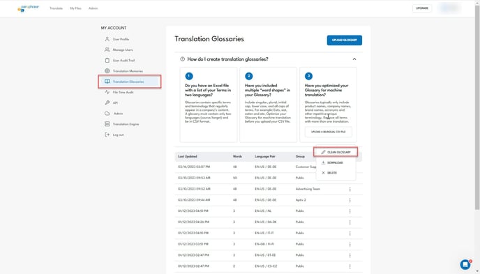 How to access clean glossary functionality