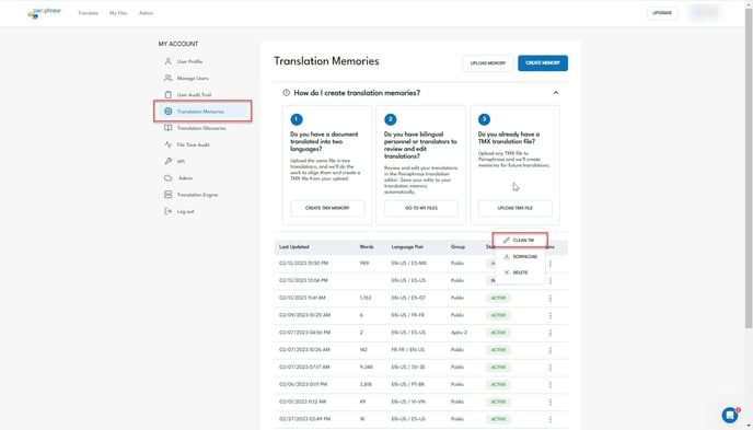 Navigation to Clean TM functionality