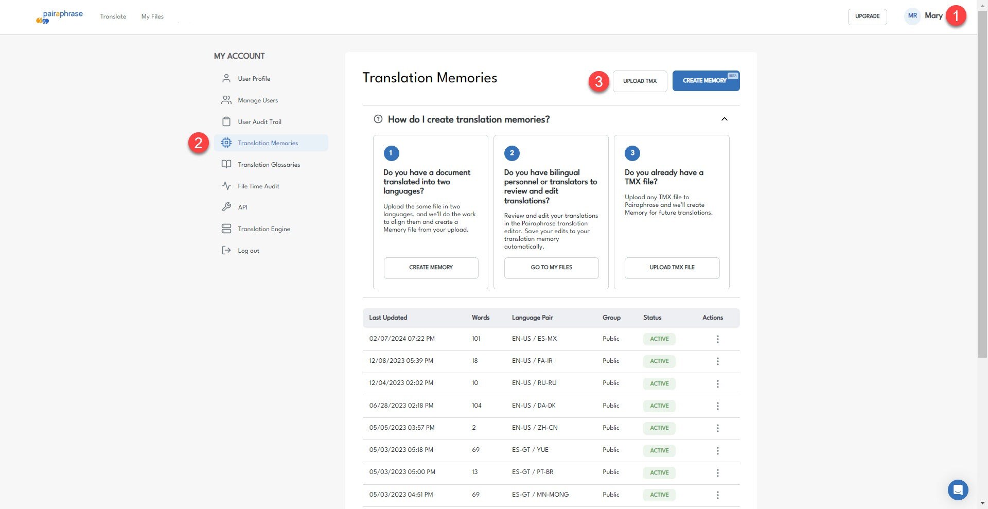 How to upload a Translation Memory TMX file