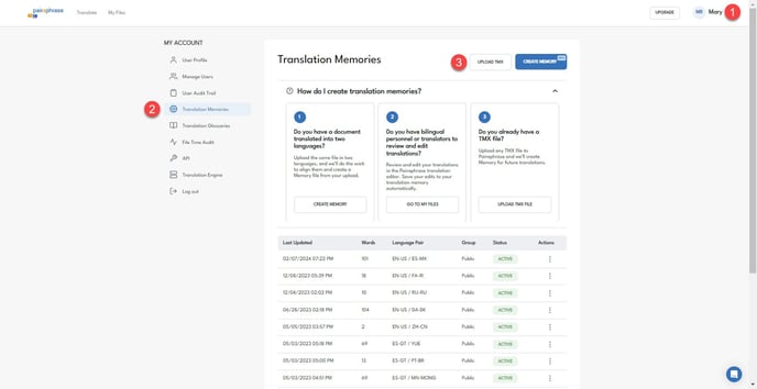 Upload a TMX file screen