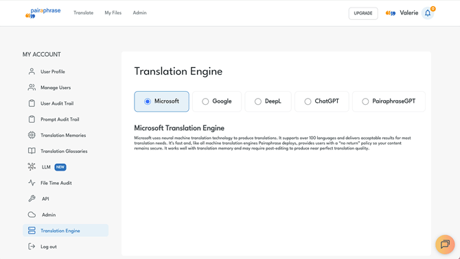 Pairaphrase Web App Screenshot - Select Translation Engine